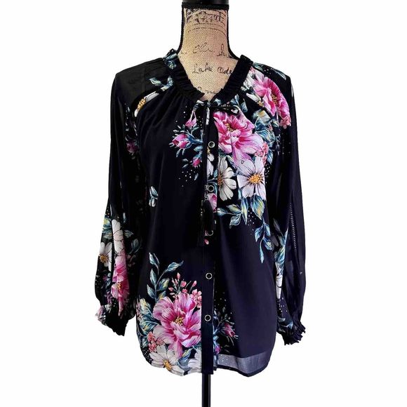 Yumi Kim Tops - Yumi Kim Women’s Silk Blouse Sz S Black Pink Floral Print Tie Ruffled Neck